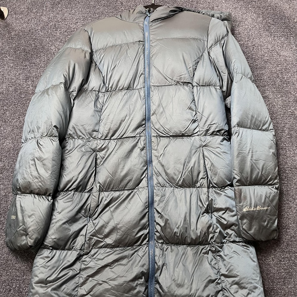 Eddie Bauer Coat Womens Medium Green Puffer Hooded Insulated Mid-Length Down